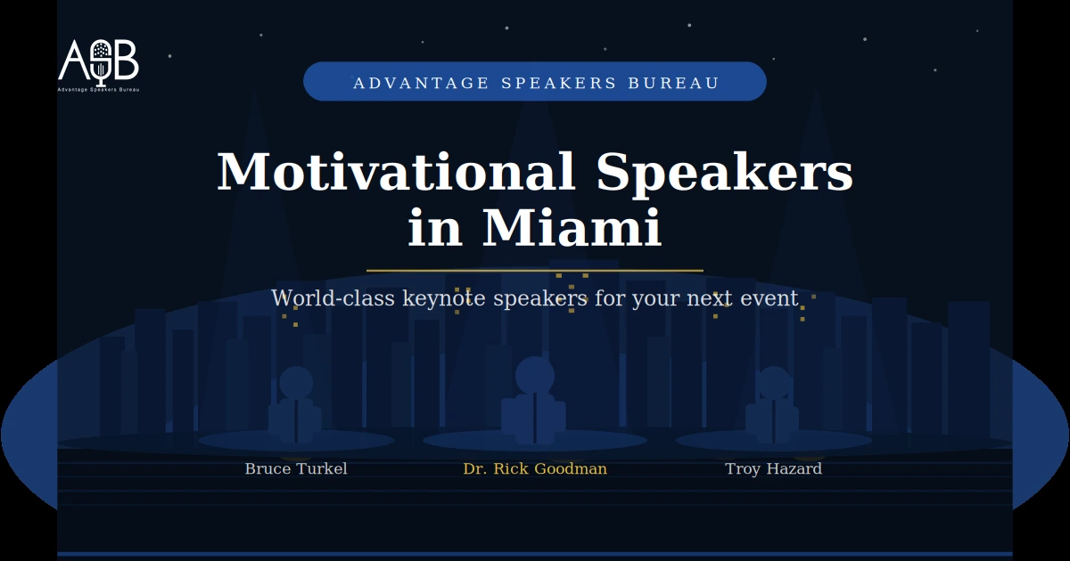 Motivational speakers in Miami presenting on stage with city skyline