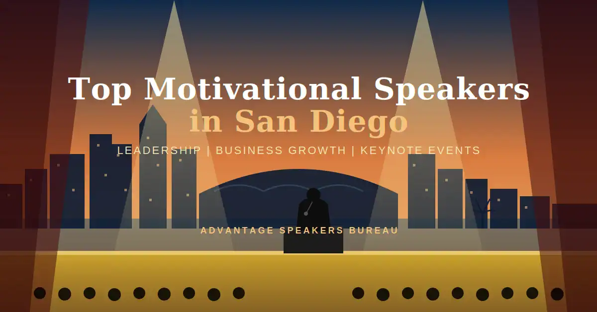 Keynote speaker on stage under spotlights at a San Diego motivational speaking event