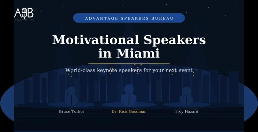 Motivational speakers in Miami presenting on stage with city skyline
