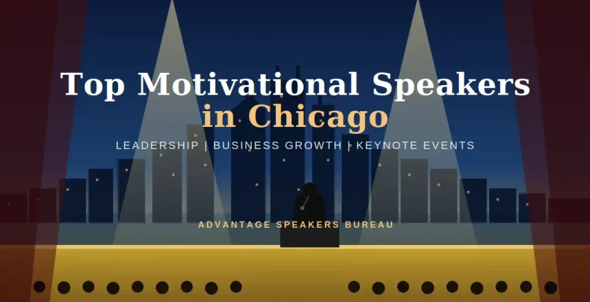 Keynote speaker on stage under spotlights at a Chicago motivational speaking event
