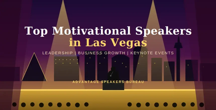 Keynote speaker on stage under spotlights at a Las Vegas motivational speaking event