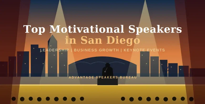 Keynote speaker on stage under spotlights at a San Diego motivational speaking event