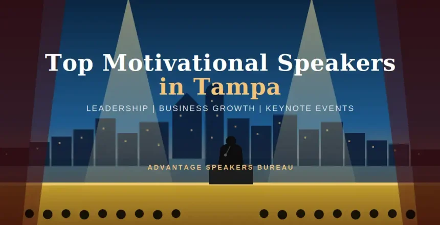 Keynote speaker on stage under spotlights at a Tampa motivational speaking event